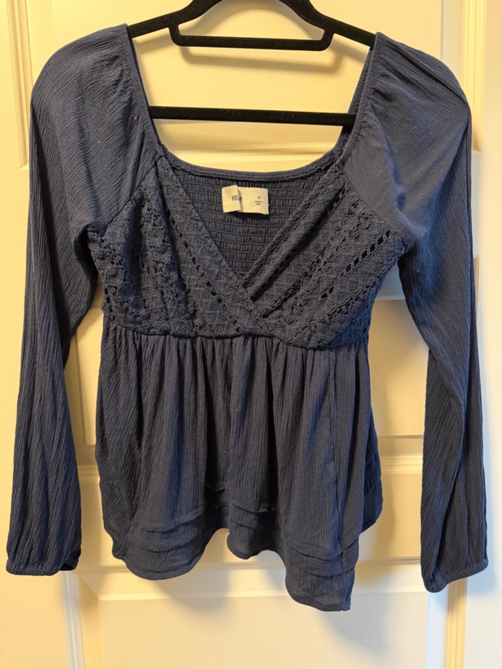 Hollister Navy Blue Crochet V-Neck Long-Sleeve Peplum Top